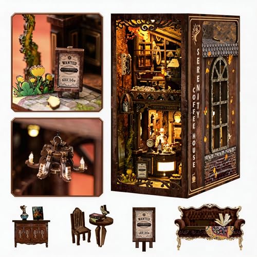 Pixie Curio ブックヌック キット ドールハウス 日本語説明書付き 3D木製立体パズル DIY ミニチュアハウス LED内蔵 レトロカフェ風 本棚装飾ブックエンド 初心者・14歳以上向け（セレニティ・コーヒーハウス）の商品画像（Amazon）