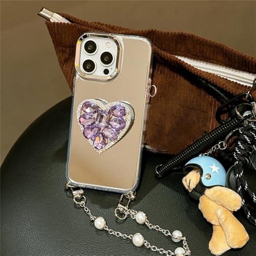 Coque iPhone 15 Pro Max chaîne de perles et support miroir pour sorties