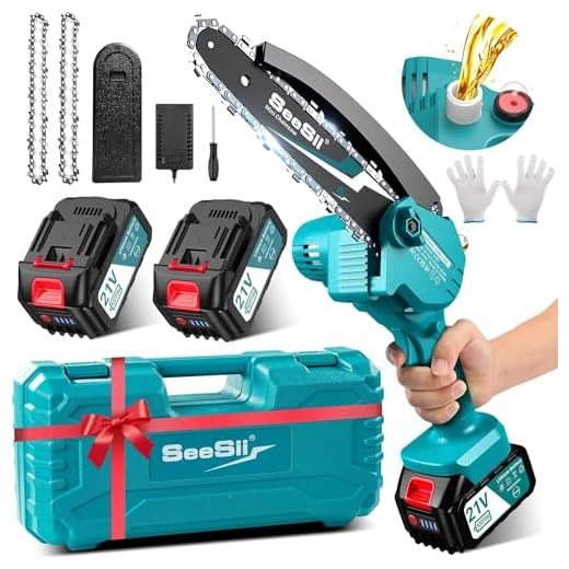 Seesii Mini Motosega a Batteria per Potatura con 8000mAh Batterie, 900W 6 Pollici Sega a Batteria per Potatura con Pompetta Olio, Motosega Elettrica a Batteria per il Taglio del Legno Giardini