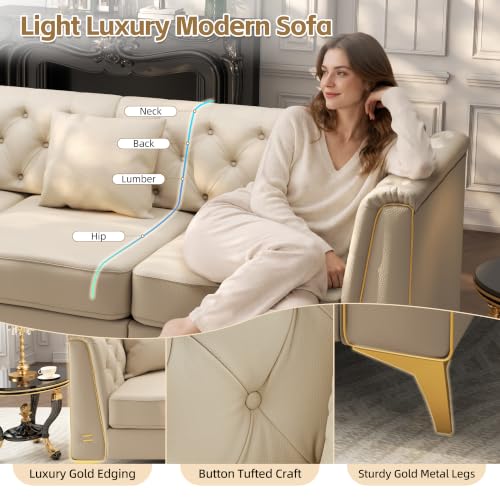 Image of KEIKI 2-Piece Chesterfield Sofa Set with Handmade Button Tufted, Beige | 5-Seater Couch Set with 1 Faux Leather 3-Seater Sofa & 1 Loveseat & 1 Ottoman & 5 Pillow, Easy Assembly, for Living Room