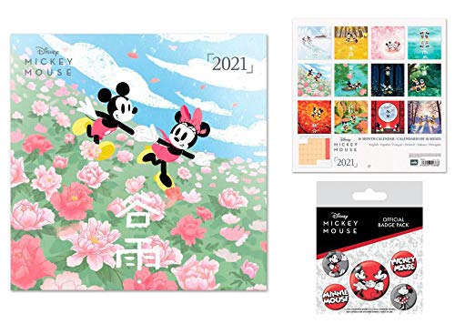 1art1 Mickey Mouse, Walt Disney, Japan Official Calendar 2021 (30 x 30 cm) with 1 x Badge Set (15 x 10 cm)