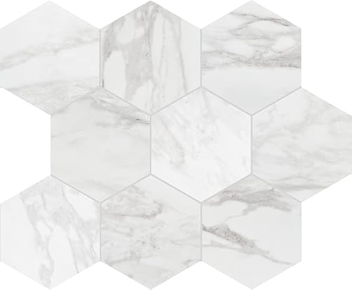 Daltile Perpetuo - Azulejo hexagonal de porcelana con aspecto de mármol de 8 x 8 pulgadas en blanco brillante mate (25 piezas por caja) (9.37 pies