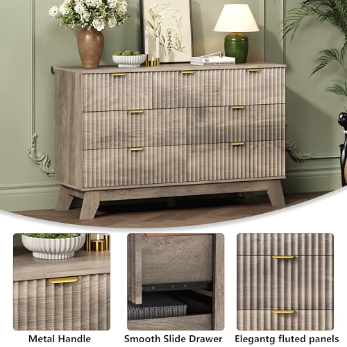 Image of Wodeer 7 Drawer Fluted Dresser for Bedroom, Mid Century Modern Wooden Dresser with 7 Drawers, Dressers & Chests of Drawers with Metal Handle, TV Stand & Storage Organizer for Entryway, Hallway, Grey