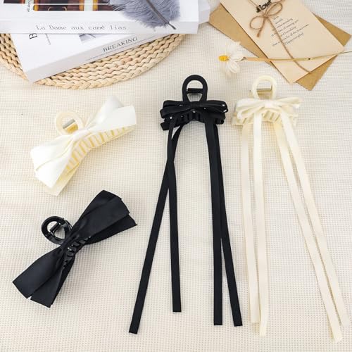 Zkptops 4 piezas Pinzas de Pelo con lazo satinadas para mujeres y niñas, clips grandes antideslizantes para cabello delgado, grueso o rizado, colores negro y blanco miniatura 7