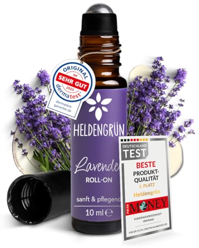 Heldengrün® BIO Roll-On Lavendel [100% NATURREIN] Dermatologisch getestet - 2-in-1: Duft & Pflege - Lavendelöl Roll-On mit Jojoba- & Mandelöl -...