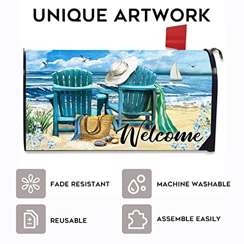 Image of Welcome Summer Sea Beach Mailbox Cover Magnetic Standard Size 20.5 inch x 18 inch, Ocean Seagull Sailboat Chairs Decorative Post Letter Box Wrap Decor Coastal Nautical Garden Yard Outdoor Decoration