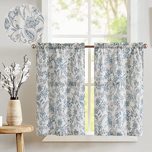 jinchan Floral Kitchen Curtains for Windows 36 Inch Linen Tier Farmhouse Cafe Curtains Country Botanic Small Window Rod Pocket Rustic Flax for Laundry Bathroom RV 2 Panels Blue on Beige 26"W