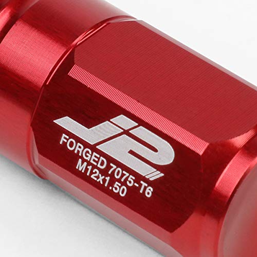 Image of J2 Engineering LN-T7-007-15-RD Red 7075 Aluminum M12X1.5 20Pcs L: 50mm Close End Lug Nut w /Socket Adapter