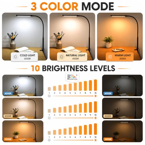 Image of BROLAVIYA Overhead Flexible LED Long Desk Lamp Light with Metal Clamp, 3 Modes, 10 Brightness, Eye-Caring, Long Flexible Gooseneck, for Home, Office, Desktop,Bedroom, Reading, Study lamp etc, Black