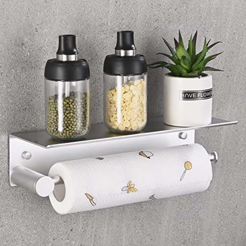 HANFU Porte Sopalin Mural, Porte Essuie Tout Cuisine sans Percage Auto-adhésif, Supports pour Papier Rouleau avec Etagère Spacieuse de Rangement, Aluminium...
