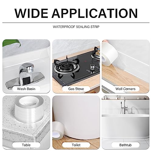 Image of 3 Rolls 10.5 Feet Caulk Tape Toilet Caulking Strip Self Adhesive Bathroom Sealing Peel and Stick Caulk Strip for Bathtub, 1.5 Inches (Transparent)