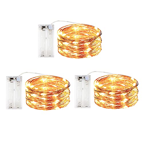 Romise LED Fairy Lights Battery Operated with Timer, 3 Pack 2AA Mini Battery Powered 50 LED 16Ft Copper Wire Firefly Twinkle String Lights for Bedroom Wedding Christmas Decoration, Warm White