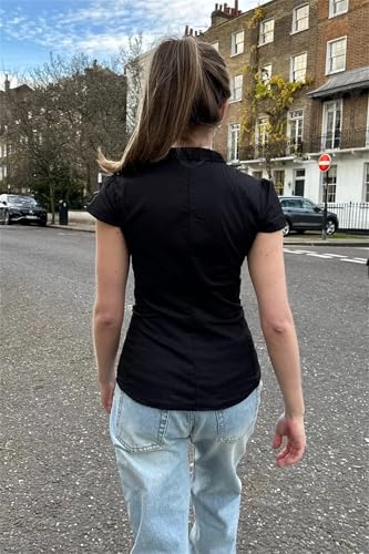 Image of Y2k Girls Vintage Coquette Button Down Shirt Women Short Sleeve V-Neck Slim Fitted T-Shirt Cute Blouse Crop Top