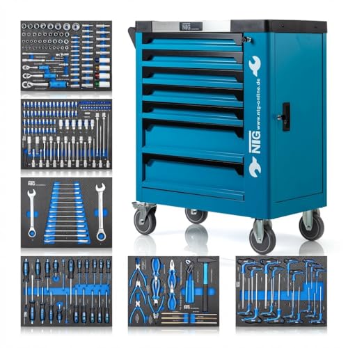 NTG Chariot à outils + outils + 7 tiroirs, 252 pièces, verrouillable, dont 6 avec outils, avec inserts souples en aspect carbone, tiroirs remplis, servante...