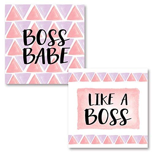 Leoner22art Sagebrush Fine Art Watercolor Style Pink and Purple Boss Babe and Like A Boss Triangle Pattern Set, Two 8x10 inches Unframed Canvas Art Printed