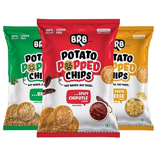 Image of BRB Potato Popped Chips | Not Baked, Not Fried | 3 Packs X 48 Grams | 3 Flavours - Bhel, Spicy Chipotle, Pasta Cheese | 60% Less Oil | Low Calorie | Healthy Snack