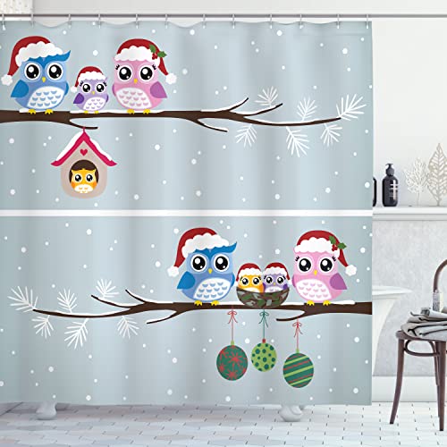 Ambesonne Christmas Shower Curtain, Owl Family with Santa Hats on Tree Branch with in Nest Birds Snowy Winter Print, Cloth Fabric Bathroom Decor Set with Hooks, 69" W x 70" L, Grey