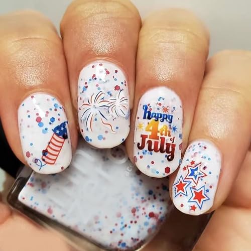 4th of July Press on Nails Short Almond Fake Nails Glitter Firework False Nails with Rocket Star Designs Full Cover White Glossy Glue on Nails Acrylic Artificial Nails for Women Girls 24Pcs