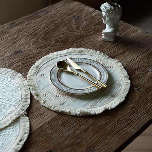 Sets de table à rayures géométriques et pompon artisanal beige et kaki - 6
