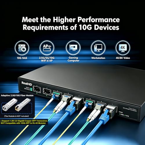 Image of 8 Port 10Gb SFP+ Web Managed Fiber Switch | Multi-Gig 10G-2.5G Adaptive | Fanless | 160G Bandwidth | Jumbo Frames / VLAN / QoS, Only Compatible with TP-Link, Real HD 10G SFP+ Module, NOT Plug & Play 1Gb