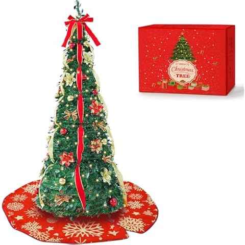 6FT Pre-lit Pop Up Christmas Tree, Pre-Decorated Artificial Xmas Tree with 200 LED Lights, Include 24 Golden&Red Balls, 15 Golden&Red Flowers, 18 Bowknots,3 Golden&Red Glitter Ribbons and Tree Skirt Cover