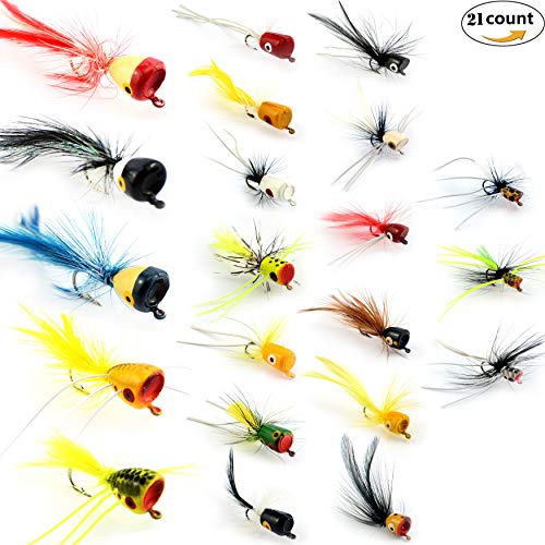 Yazhida Fly Fishing Flies Kit /Trout/Salmon/ Bass Flies Streamers . Dry/Wet Flies.nymphs, ,Fly Poppers (With Waterproof Fly Box) (Popper21B) #TOP3