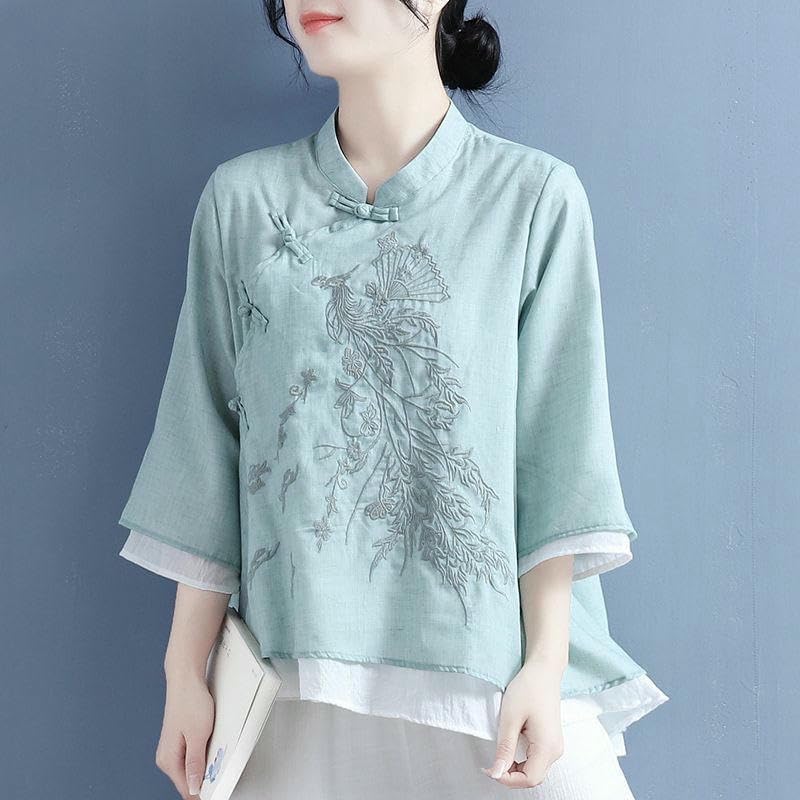 Women's Retro Thin Spring Summer Asymmetrical Frog Button Embroidered 3/4 Sleeve Tea Outfit Top
