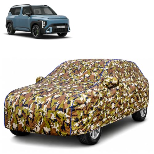Image of Waterproof Car Body Cover for Kia Syros with Mirror Pocket| Cotton Inner Lining | Triple Stitched | All Weather Protection | Dust, UV & Rain Proof (Camouflage with Blue Piping)