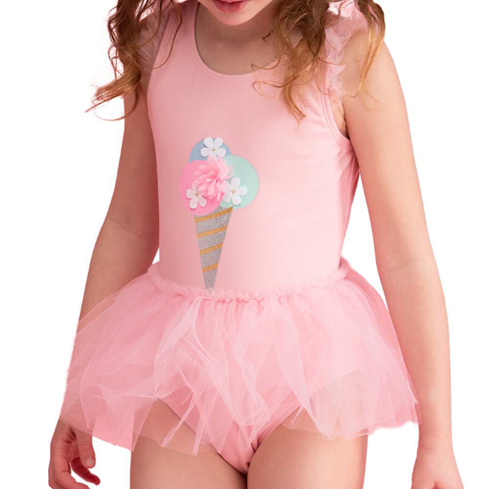JulysandToddler Girls One Piece Swimsuit Pink 3D Ice Cream Ruffled Bathing Suit Mesh Skirt Swimwear