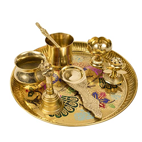 Image of Spillbox Traditional Handcrafted Brass Puja | Pooja Thali | Arati | Arathi | Arthi | Arti | Arathi | Bartan Thambulam Plate Set for Several Occasions Like - Diwali Gift- Peacock Ppset