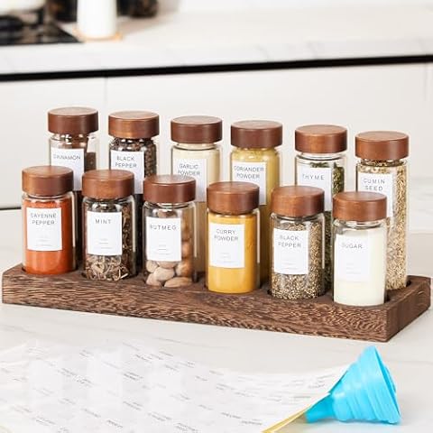 FavorFlavor 12 Pcs Spice Jars with Label & Organizer, Thickened Glass Seasoning Jars with Wooden Lids & Rack, Airtight Sealing Seasoning Bottles, Spice Jars with Shaker Lids Cover