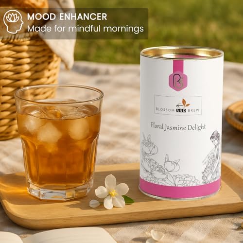 Image of Blossom & Brew Floral Jasmine Delight Darjeeling Green Tea with Pure Jasmine Buds(2.46oz) - Aromatic Whole Leaf Blend from India - Floral Flavor, Low Caffeine, Perfect for Hot or Iced Brew