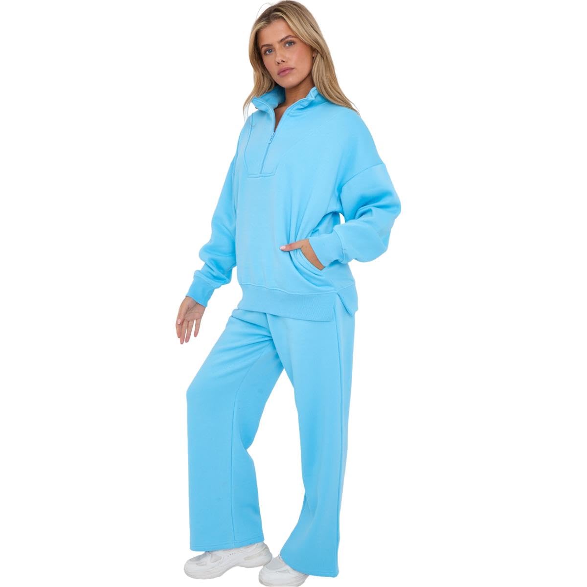 Set di tuta da donna, felpa da donna in pile con mezza zip e pantaloni da jogging da donna, a maniche lunghe, pantaloni a gamba larga, set da palestra da donna, set da palestra in pile