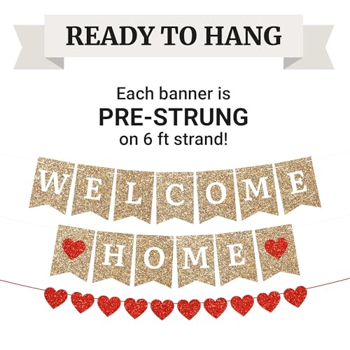 Image of Pre-Strung Welcome Home Banner - Gold Glitter Banner with Red Hearts | No DIY - Pre-Strung on 6 ft strands - Welcome Home Party Decorations for Homecoming, Military Return, & Housewarming Decor