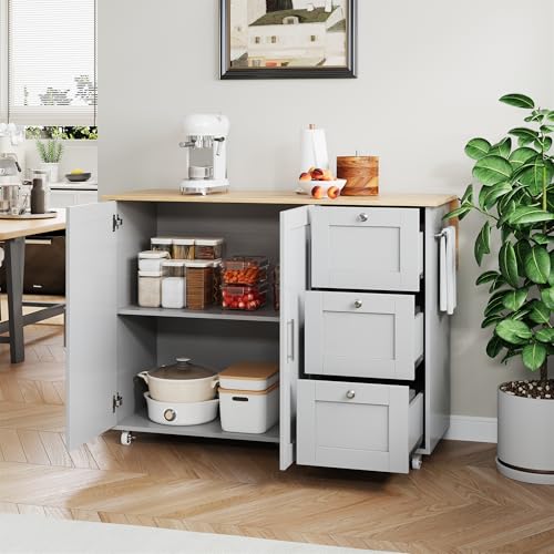KecDuey Isla de cocina, 135 x 44 (70) x 90 cm, mueble de cocina, carrito de cocina, mesa de cocina móvil grande, encimera de madera de roble, diseño plegable, 3 cajones, toallero (gris claro)