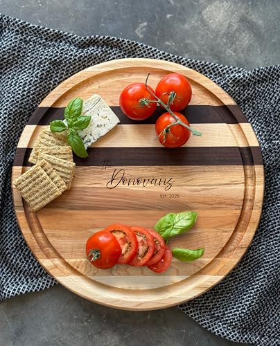 Personalized Round Cutting Board, 12” Maple & Walnut Handmade Wooden Chopping Boards, Custom Round Butcher Block with Juice Groove. Wedding, Anniversary, Housewarming