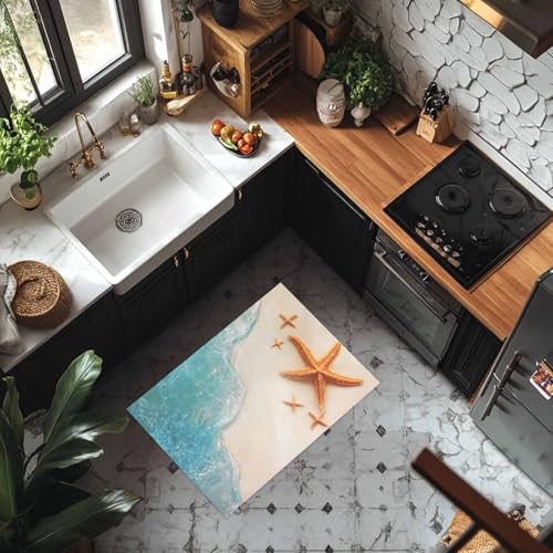 Ocean Beach Front Door Mat Indoor Entrance, Coastal Starfish Non Slip Doormat Summer Nautical Absorbent Resist Dirt Floor Mats Washable Low Profile Inside Rugs for Entryway, 16''x24'' - Image 4