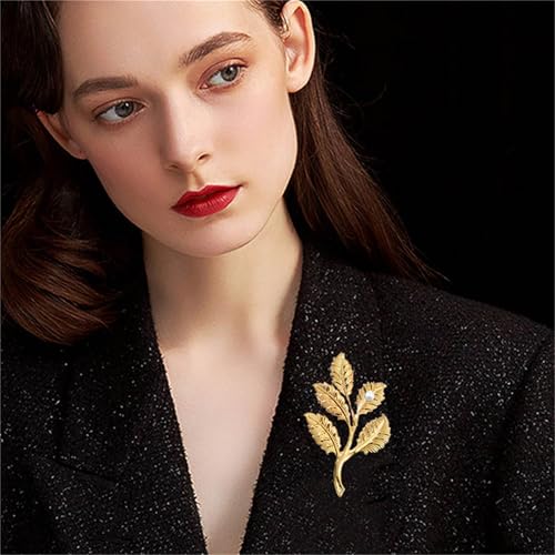 Image of coadipress Gentlemen Gold Silver Leaf Brooches Simple Elegant Retro Double Leaf Collar Pin Brooch Gold Silver Plant Leaves Brooches