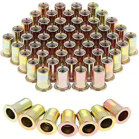 Booramy 100pcs Carbon Steel Rivet Nut, Threaded Insert Flat Head Threaded Insert Nutsert Screw Knurled Steel Head Nutserts Fastener Rivet Nut (M8) Cover