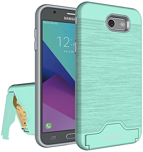 for Samsung Galaxy J7V J7 V Case, J7 Perx / J7 Sky Pro / J7 Prime/Halo / J7 2017 Case, OEAGO [Card Slot] [Brushed Texture] Heavy Duty Hybrid Dual Layer Wallet Case Cover with Kickstand - Mint