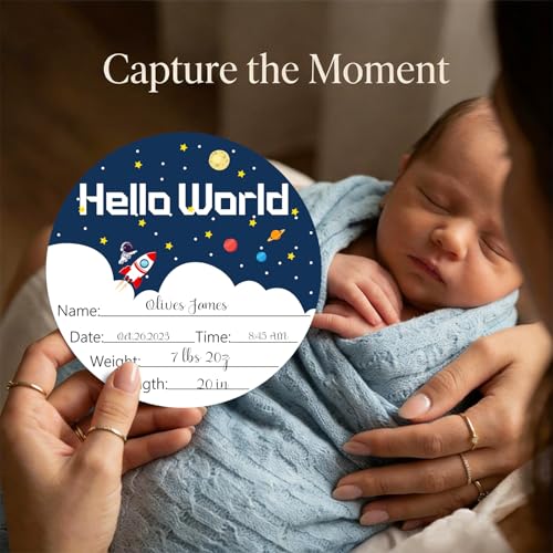 Image of Birth Announcement Sign Hello World Baby Name Wood Spaceship Theme | Round Wood Plaque with Stars & Spaceship Design, Custom Name Date Weight Length Great for Nursery Wall Baby Shower Gifts