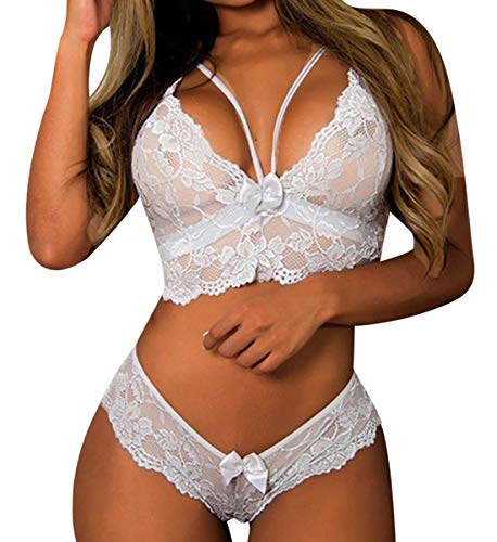 CheChury Femmes Ensemble de Lingerie Sexy en Dentelle String Ensemble sous-Vêtements De Seduction 2 pièces avec Soutien-Gorge et Culotte en Dentelle,Blanc,XXL