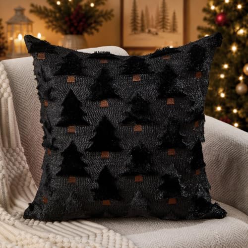 Image of Allorry Christmas Pillow Covers 18x18 inch Set of 2 Black Christmas Decorations Soft Plush Faux Fur Wool Christmas Tree Throw Pillow Cases Winter Holiday Decor for Sofa Living Room PT002J18