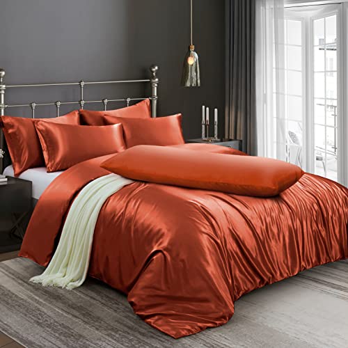 Image of Ersmak 6 Pieces Satin Duvet Cover King Size Luxury Silky Bedding Duvet Cover Set with 1 Soft Duvet Cover, 4 King Pillowcases and 1 Body Pillowcase, Rust Orange