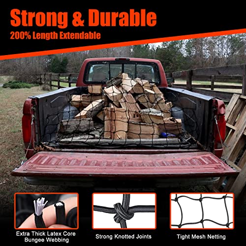 3' X 4' Cargo Net For Pickup Truck Bed, Car, Suv - Heavy Duty Elastic Mesh With Hooks & Bungee Cords & Storage Bag, Stretches To 6' X 8' With 3.5" X 3.5" Latex Bungee Net Mesh #TOP2