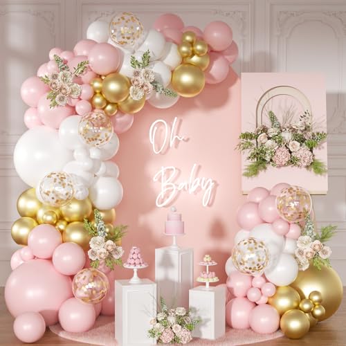 Pink and White Balloon Arch Kit 138 Pcs Pink and Gold Balloon Garland Arch Kit Include Pastel Pink White Gold Confetti Balloons for Birthday Baby Shower Wedding Bridal Shower Party Decorations