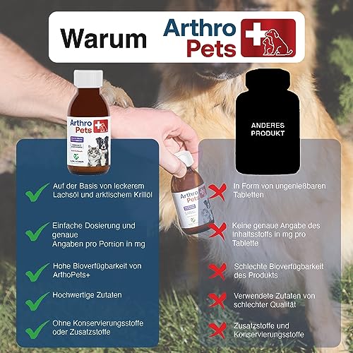 ArthroPets+ Alternative zu Gelenktabletten für Hunde und Katzen, Gelenk-komplex aus 9 hochkonzentrierten Wirkstoffen auf Lachsölbasis, Gelenkschutz für Hunde und Katzen, Omega 3, VIT. D3-100 ml