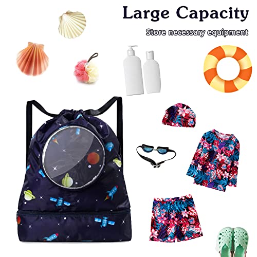 Kunyeah Drawstring Backpack Bag Waterproof Beach Pack With Shoe Compartment Kid Swim Bag Sports Gym Backpack For Girls Boys (Navy) #TOP1