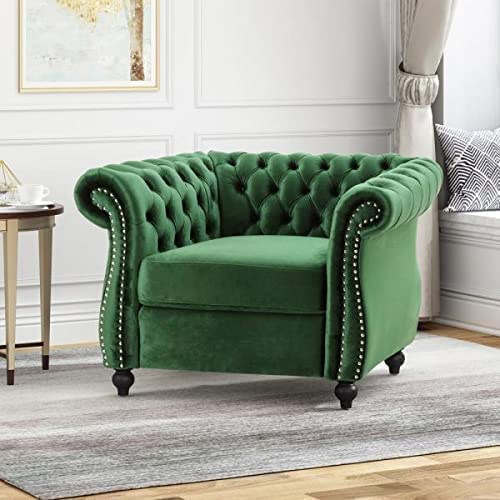 Image of A to Z Furniture Classic 3+1+1=5 Seater Luxury Chesterfield Sofa in Velvet for Home Living Room & Office (5- to 6-Person Sofa, Green)