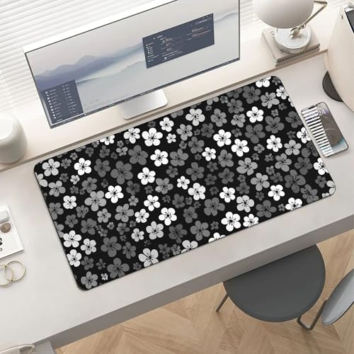 Image of Black White Flowers Extended Gaming Mouse Pad, with Stitched Edges Large Mouse Pad Desk Protector, Rubber Base Mousepad Keyboard Mouses Mat for Work Game Office Home- 32 inch X 16 inch Inch